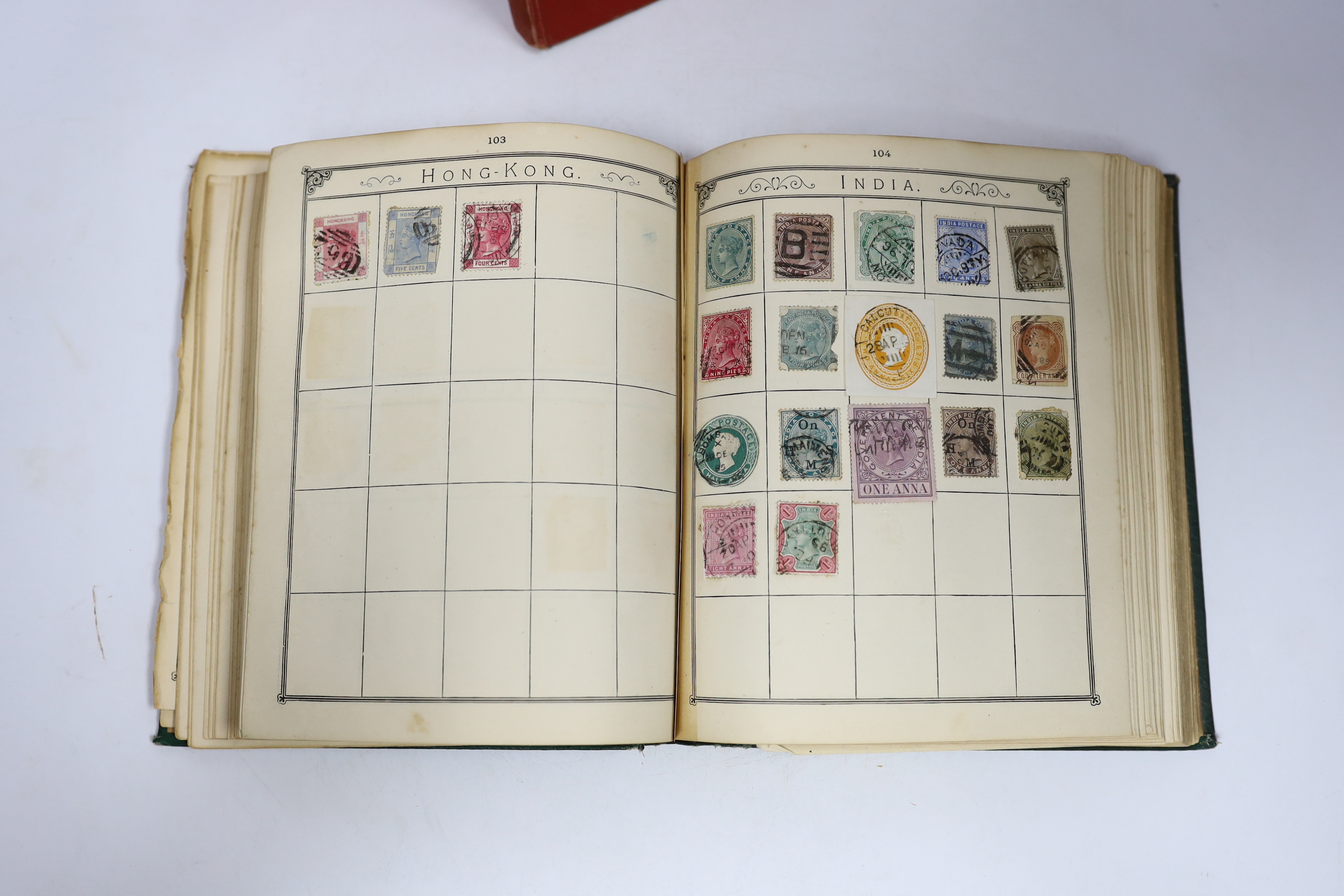 A Lincoln Stamp Album, sparsely mounted with an all world accumulation of late 19th/early 20th century all world issues; a Royal Mail stamp album, one other and two mounted blocks of Australian Test Cricket Centenary (18